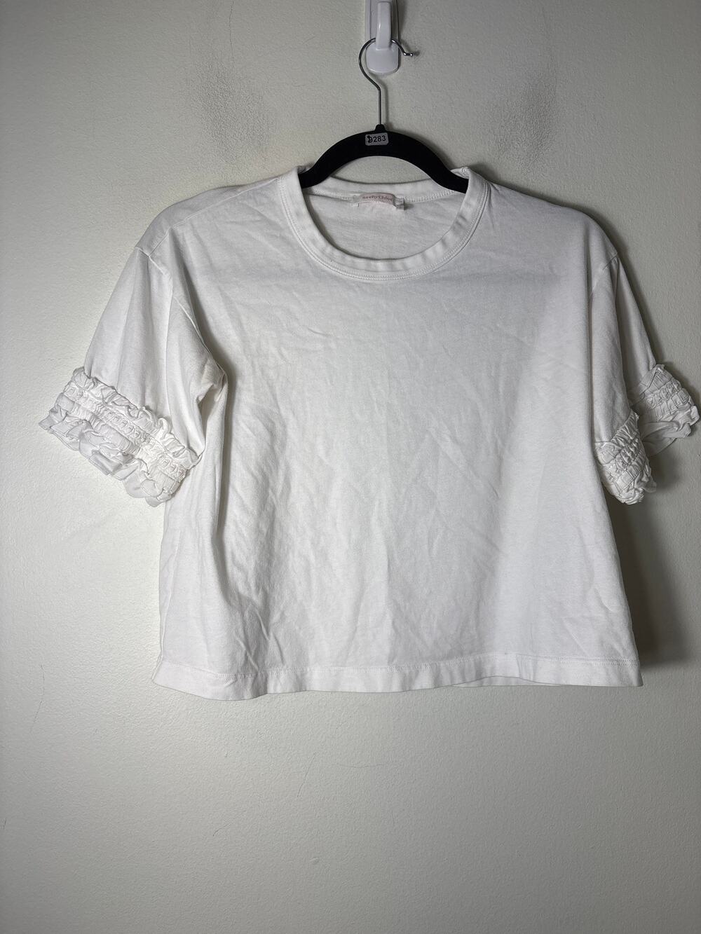 See by Chloe White Short Ruffle Sleeve Cotton Cropped Tee Sz S